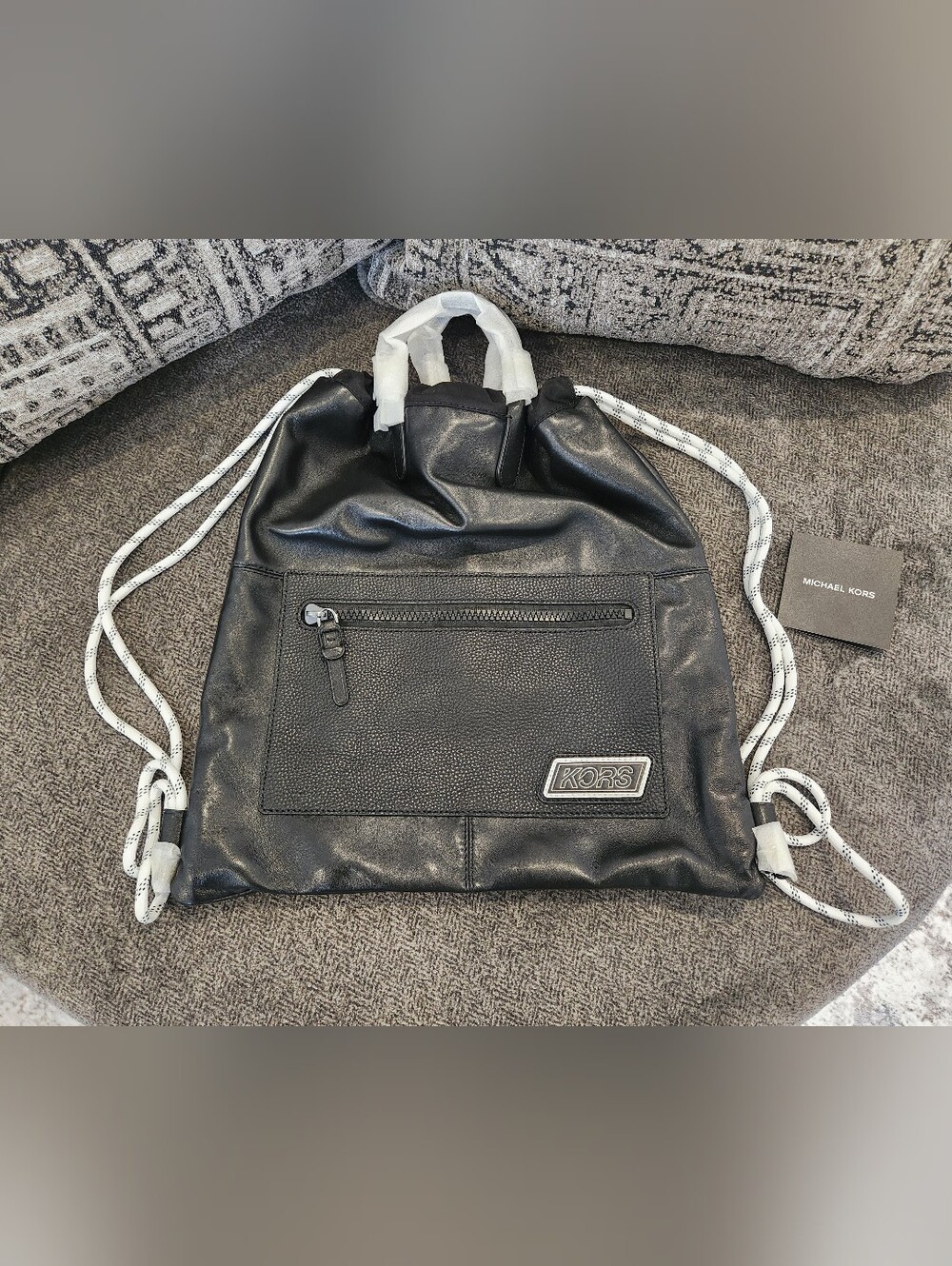 MICHAEL KORS Black Leather Greyson Drawstring Backpack Bag
